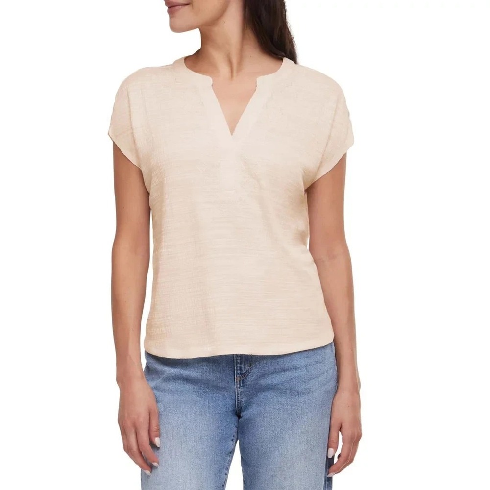 Orvis Womens Textured V-Neck Top Cream White Short Sleeve Blouse Size XXL NWOT